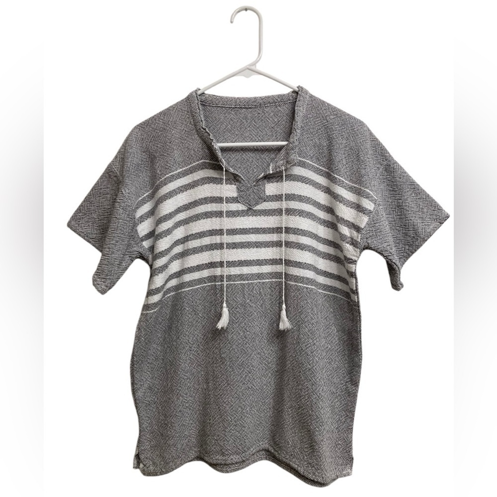 Mexican Handmade Woven Gray and White Striped Short Sleeve Top, Men’s, Small - Picture 1 of 5